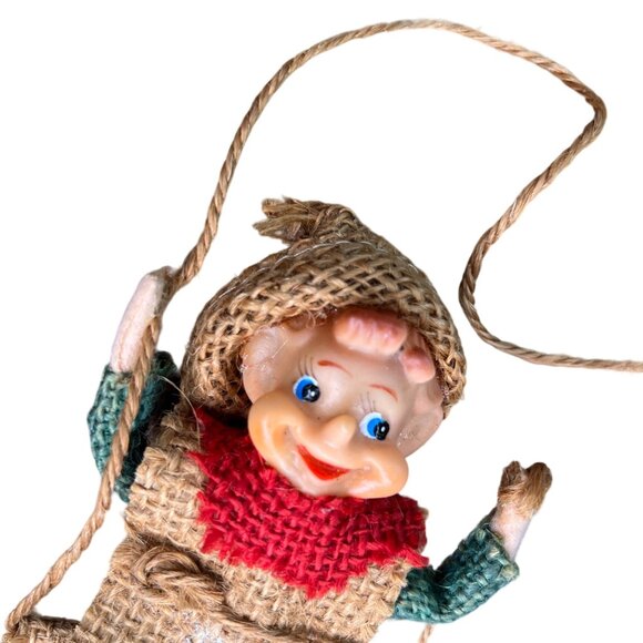 Vintage Burlap & Plastic Elf Decoration With Green Legs Red Scarf Made in Japan - Picture 3 of 10